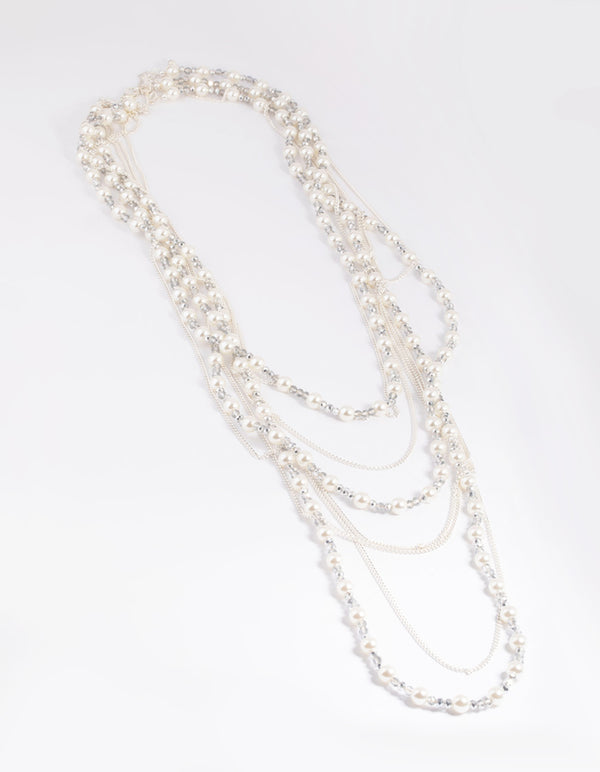 Silver Bead & Facet Multi-Row Long Necklace