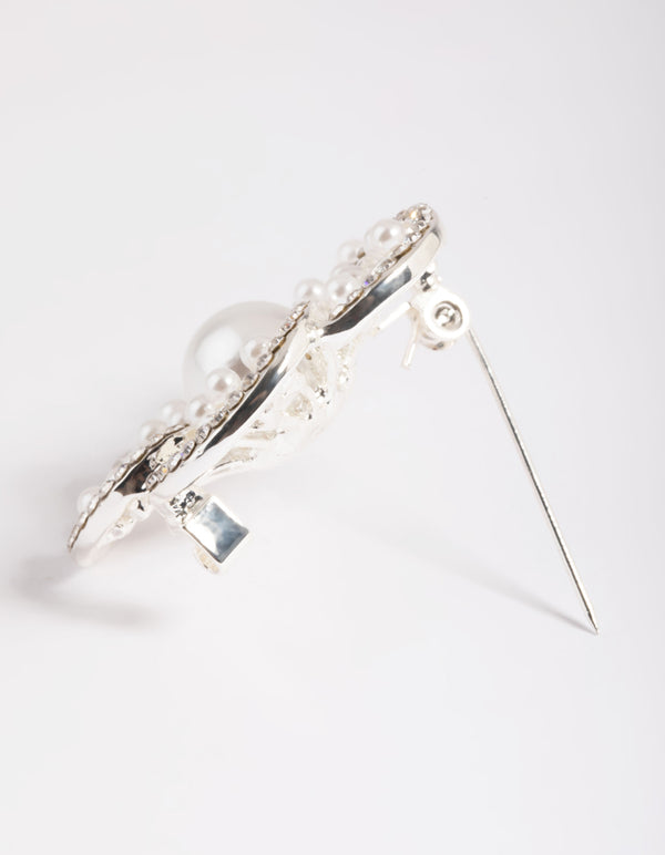 Silver Diamante Pearl Flower Brooch