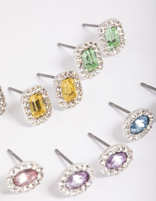 Silver Gem Halo Stud Earrings 6-Pack