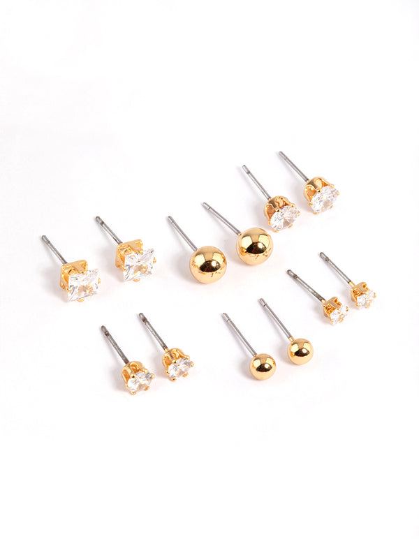 Gold Plated Cubic Zirconia & Ball Stud Earrings 6-Pack