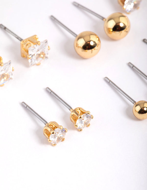 Gold Plated Cubic Zirconia & Ball Stud Earrings 6-Pack