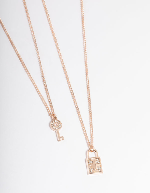 Rose Gold Diamante Lock & Key Necklace Pack