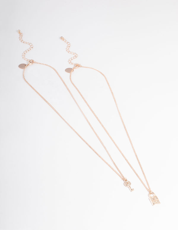 Rose Gold Diamante Lock & Key Necklace Pack