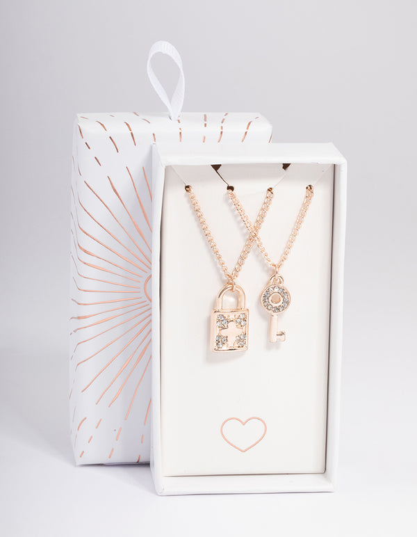 Rose Gold Diamante Lock & Key Necklace Pack