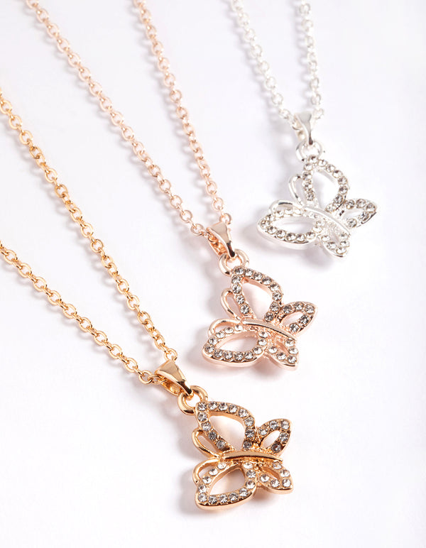 Mixed Metal Diamante Butterfly Necklace Pack