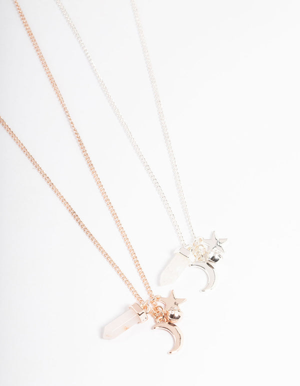Mixed Metal Rose & Clear Quartz Charm Shard Necklace Pack
