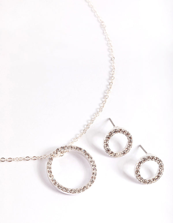 Silver Diamante Open Circle Necklace & Stud Earrings Set