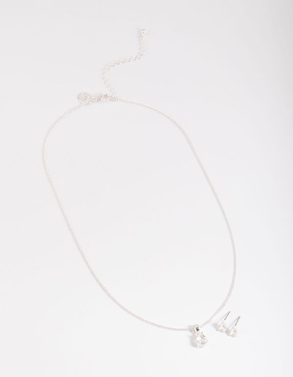 Silver Pear Solitaire Necklace & Stud Earrings