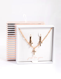 Gold Diamante Cross Necklace & Huggie Earrings - link has visual effect only