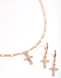 Gold Diamante Cross Necklace & Huggie Earrings - link has visual effect only