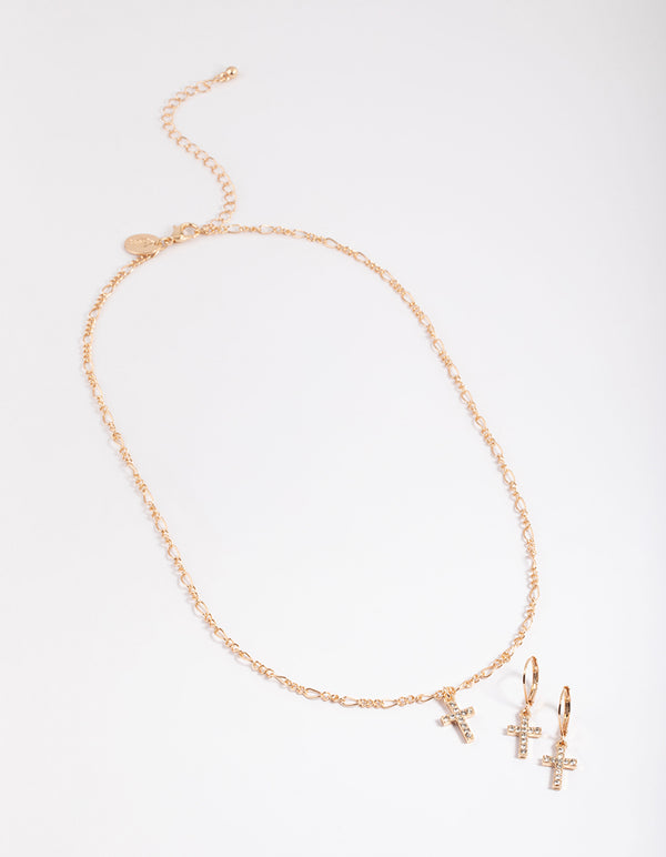 Gold Diamante Cross Necklace & Huggie Earrings