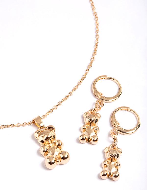 Gold Cute Bear Necklace & Huggie Earrings