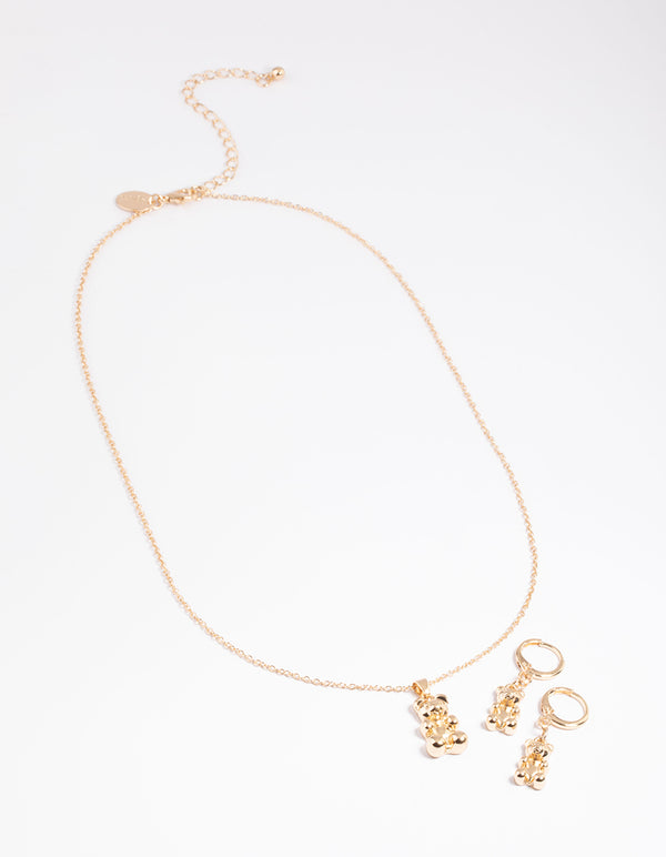 Gold Cute Bear Necklace & Huggie Earrings