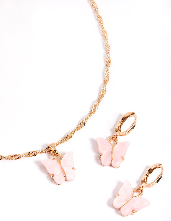 Gold Acrylic Butterfly Necklace & Butterfly Earrings