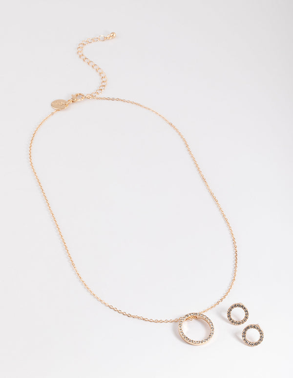 Gold Diamante Open Circle Necklace & Stud Earrings Set