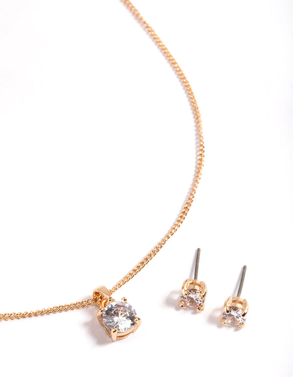 Gold Cubic Zirconia Solitaire Necklace & Stud Earrings