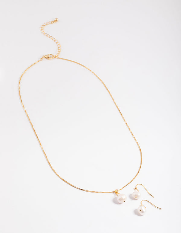 Gold Plated Freshwater Pearl Necklace & Drop Earrings Set