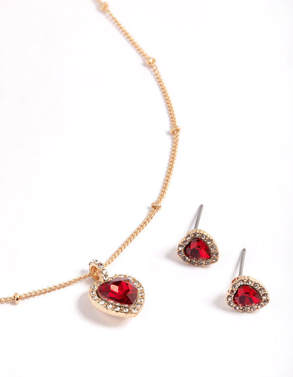 Gold Heart Halo Ball Necklace & Stud Earrings Set
