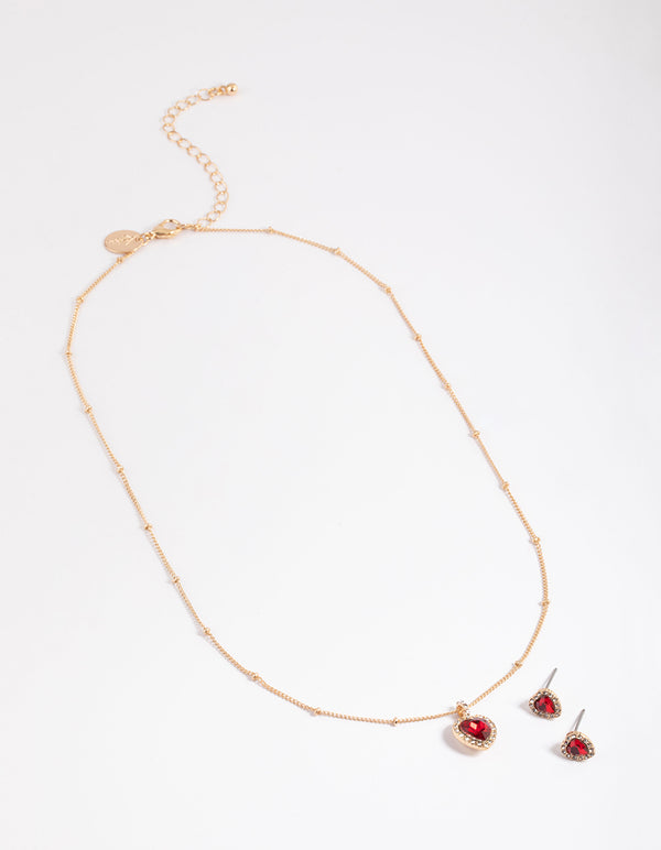 Gold Heart Halo Ball Necklace & Stud Earrings Set