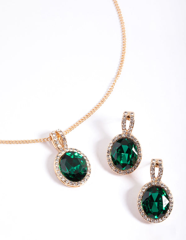 Gold Oval Halo Necklace & Stud Earrings