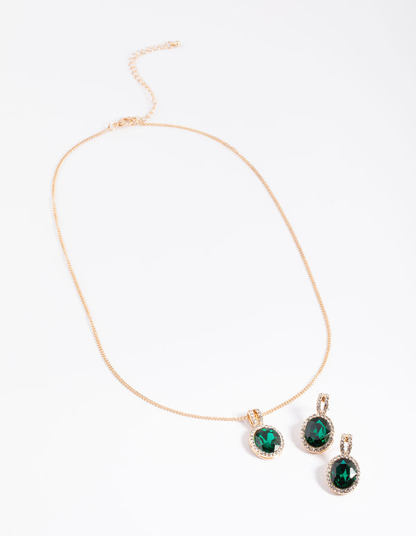 Gold Oval Halo Necklace & Stud Earrings