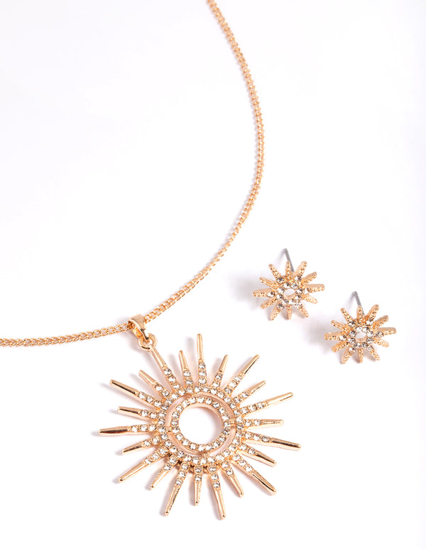 Gold Statement Diamante Sun Necklace & Stud Earrings