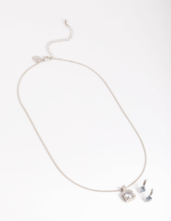 Silver Square Halo Necklace & Stud Earrings Set