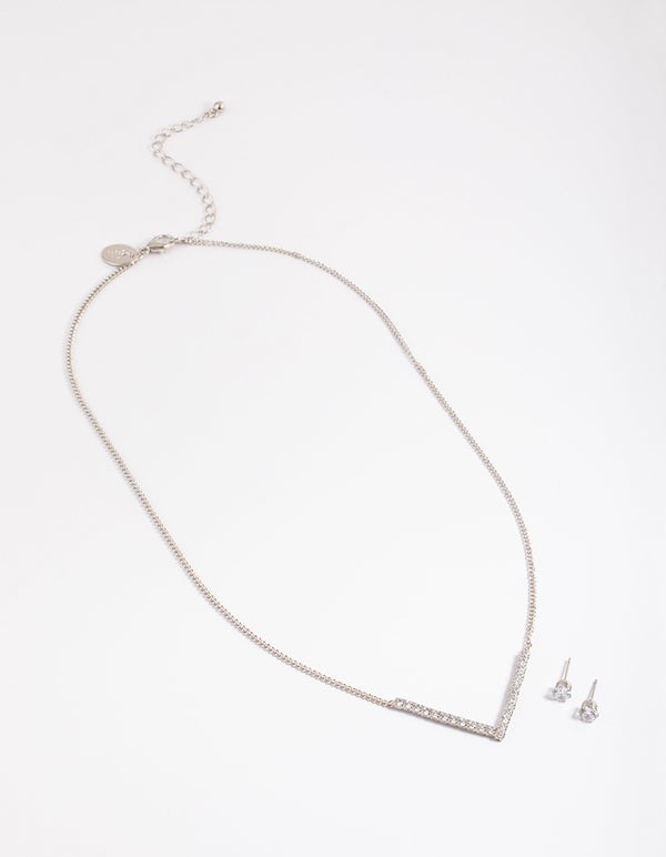 Rhodium Cubic Zirconia Necklace & Stud Earrings