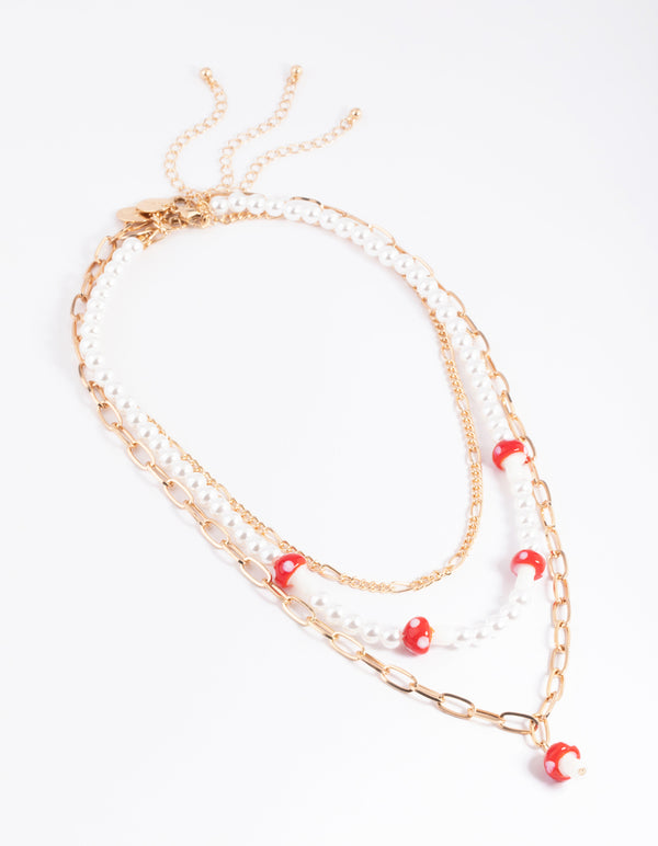 Gold Row Pearl Mushroom Necklace