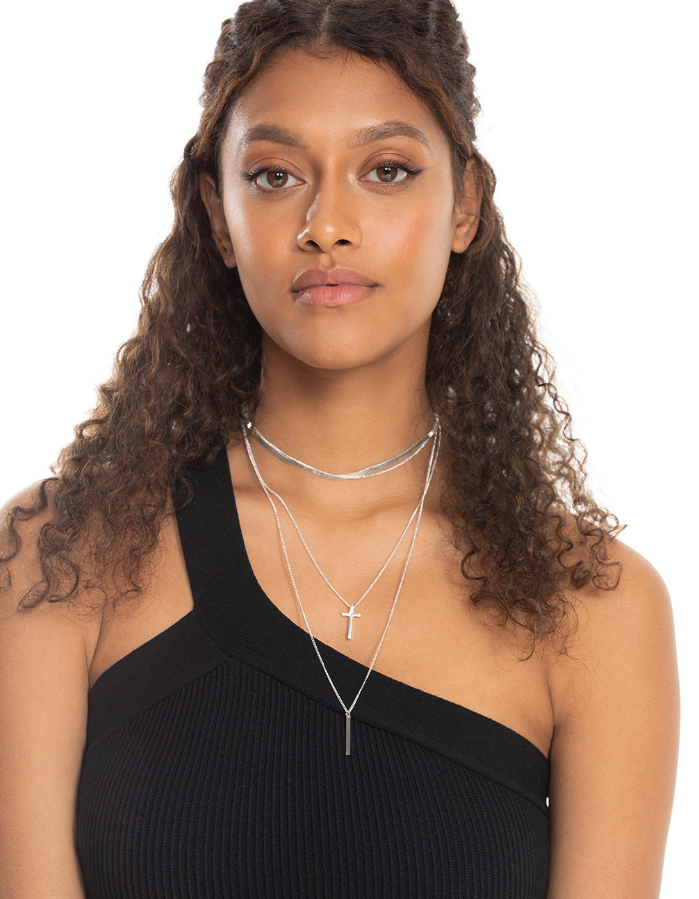 Silver Molten Row Cross Snakechain Necklace