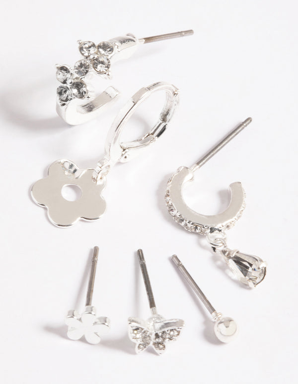 Silver Flower & Butterfly Earrings 6-Pack