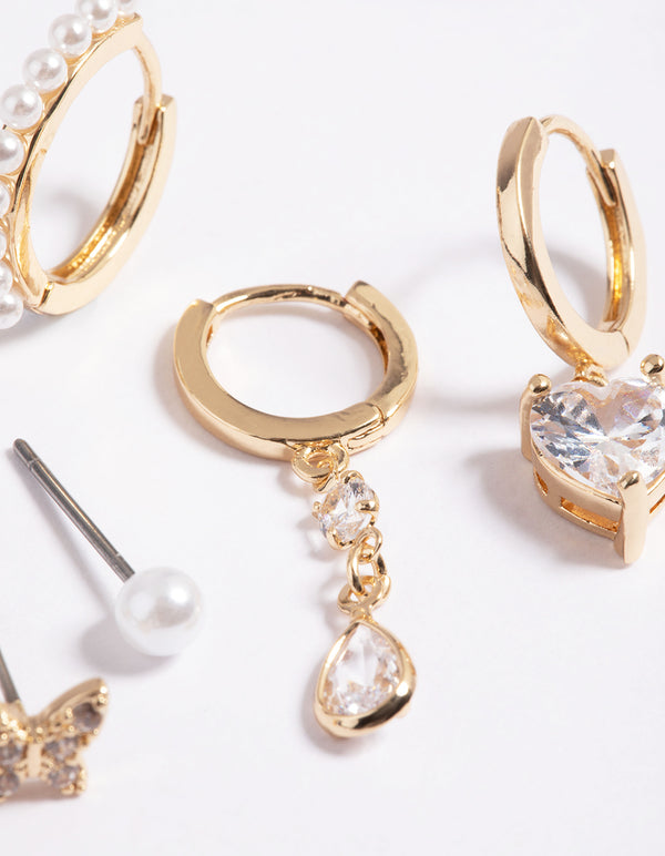 Gold Cubic Zirconia & Pearl Butterfly 6-Pack Earrings