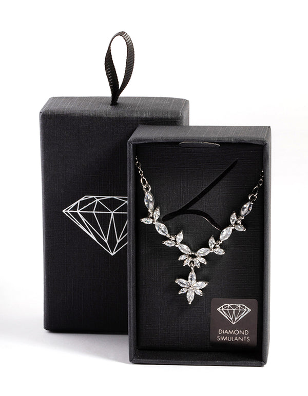 Silver Diamond Simulant Dainty Floral Necklace