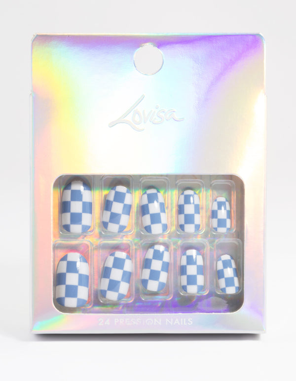 Blue Checkerboard Press On Nails