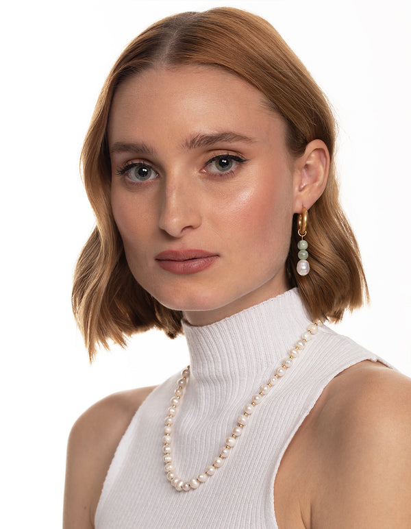 Worn Gold Green Bead & Pearl Drop Earrings