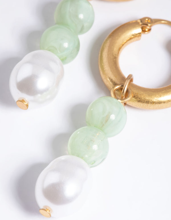 Worn Gold Green Bead & Pearl Drop Earrings
