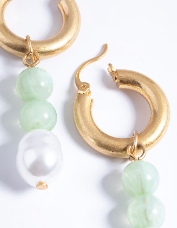 Worn Gold Green Bead & Pearl Drop Earrings