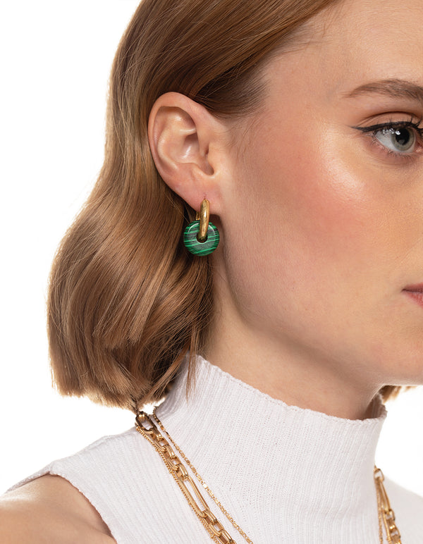 Worn Gold Green Disc Huggie Earrings