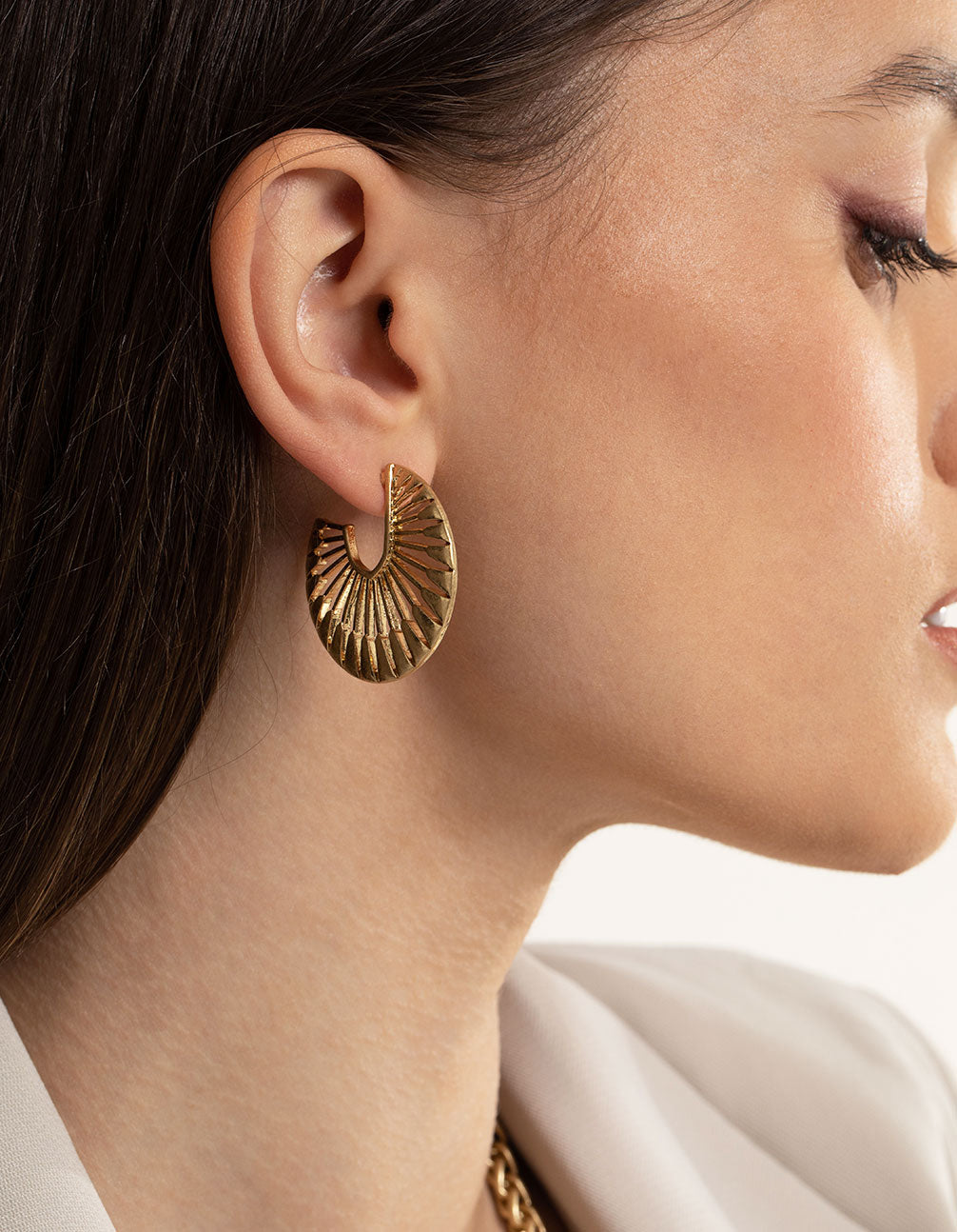 Worn Gold Open Fan Hoop Earrings