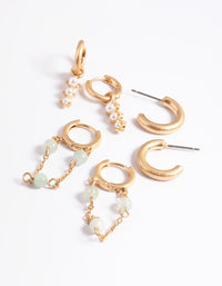 Worn Gold Pearl & Bead Hoop Earrings Pack - link has visual effect only