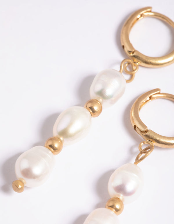 Worn Gold Freshwater Pearl Drop Huggie Earrings