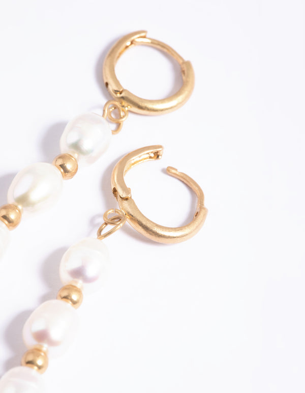 Worn Gold Freshwater Pearl Drop Huggie Earrings
