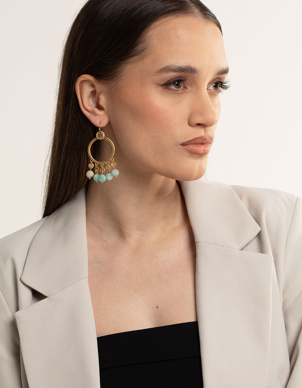 Worn Gold Disc Semi-Precious Ball Large Earrings