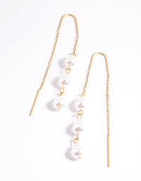 Worn Gold Three Pearl Threader Earrings - link has visual effect only