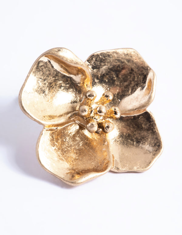 Worn Gold Flower Clip On Earrings