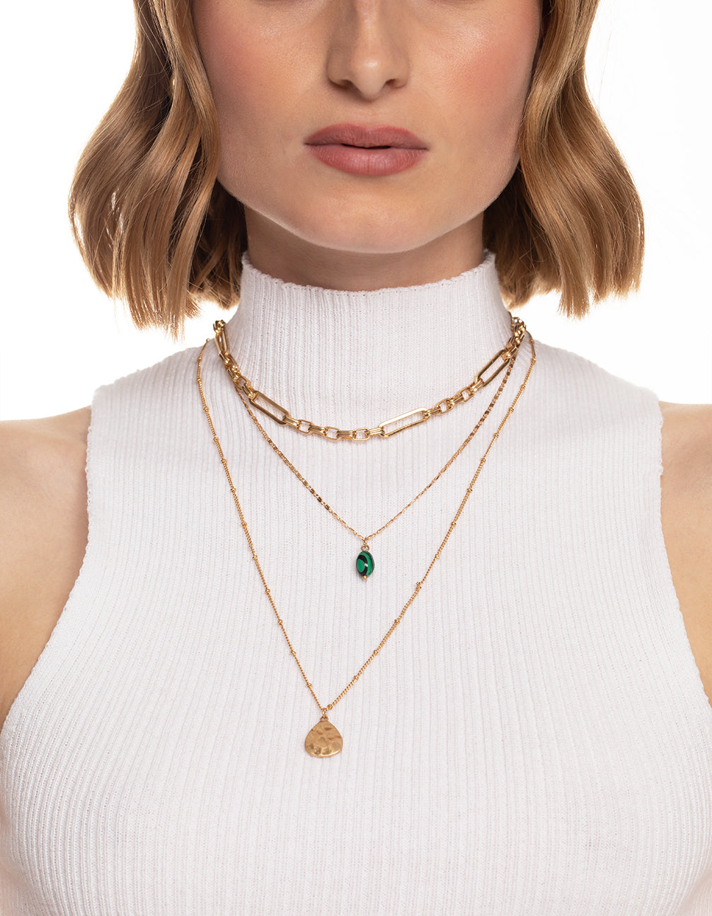 Worn Gold Multi Row Stone Coin Necklace