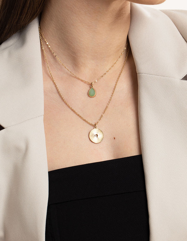 Worn Gold Green Teardrop & Disc Necklace