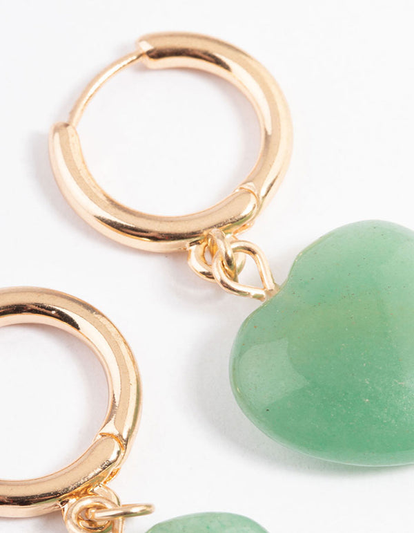 Gold Green Aventurine Heart Huggie Earrings