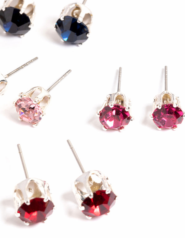 Silver Mixed Round Diamante Earring 8-Pack