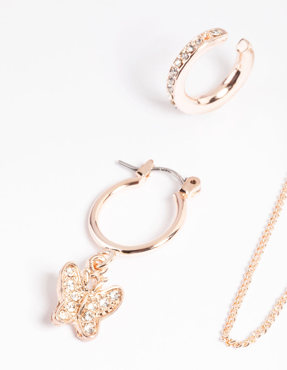 Rose Gold Butterfly & Heart Stack Earrings